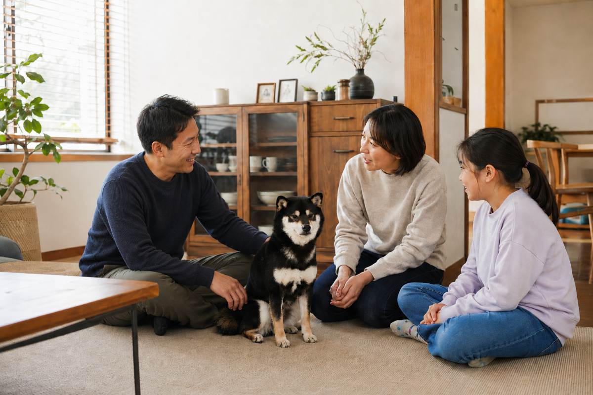 家族で柴犬との暮らしについて話すイメージ