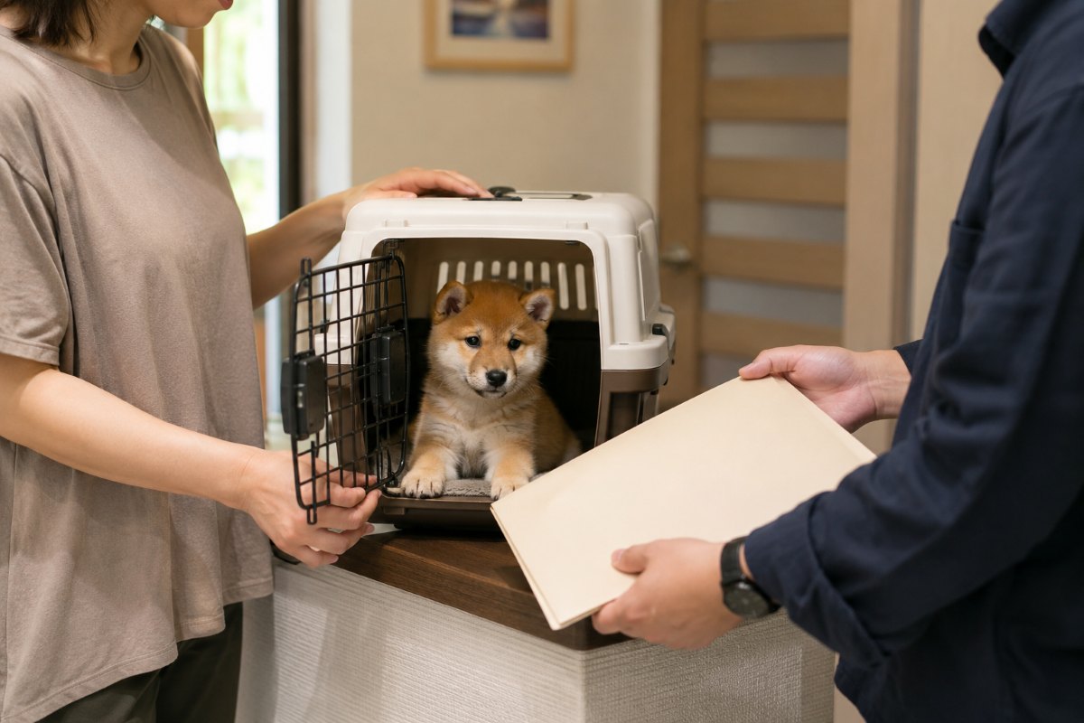 キャリー内の赤柴の子犬とお引渡しのイメージ
