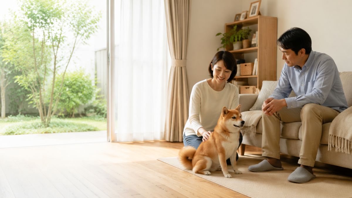 家族と赤柴が室内で過ごすイメージ