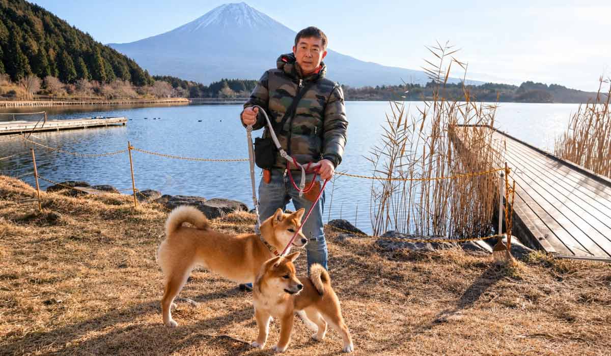 柴犬2頭と湖畔で過ごす柴犬.netの青木伸二